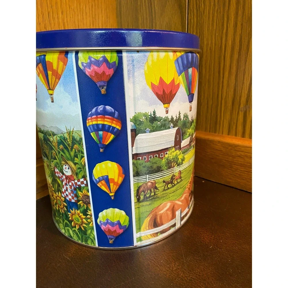 Vintage‎ Farmhouse Tin Hot Air Balloons Horses Country Scene Blue Lid Cottgecore